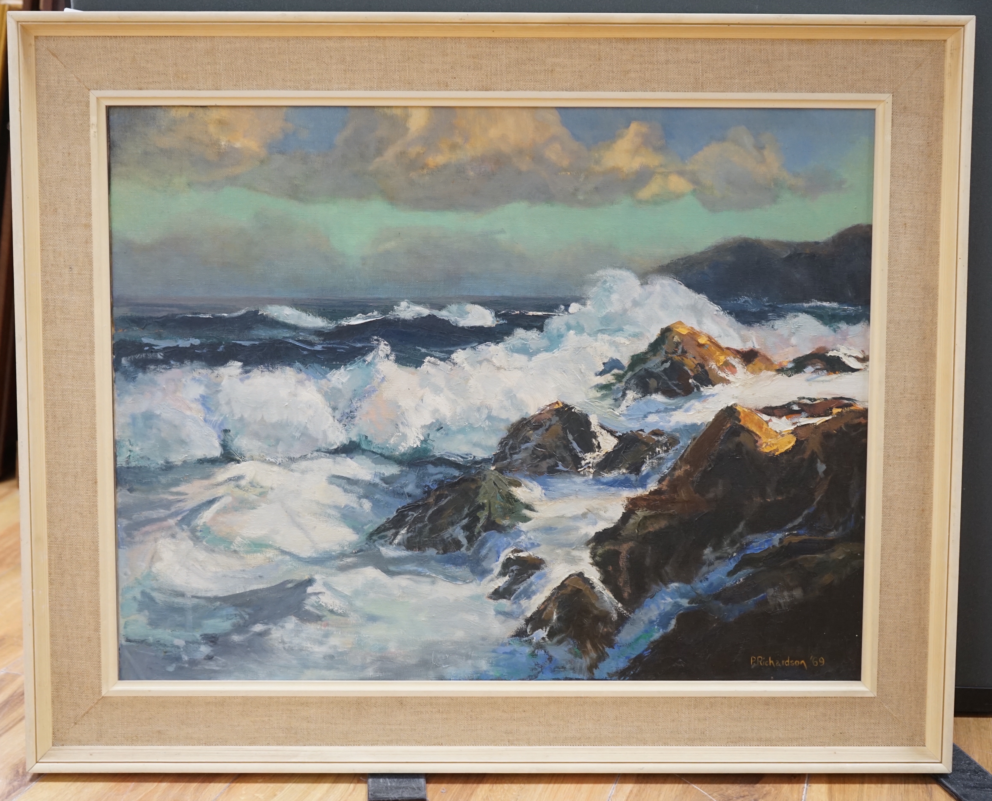P. Richardson, oil on canvas, Waves breaking on the shore, signed and dated '69, 50 x 65cm